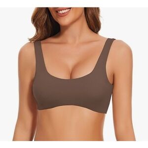 Athletic Crop Top Sports Bra Chocolate Scoop Neck Racerback Athletic Workout L